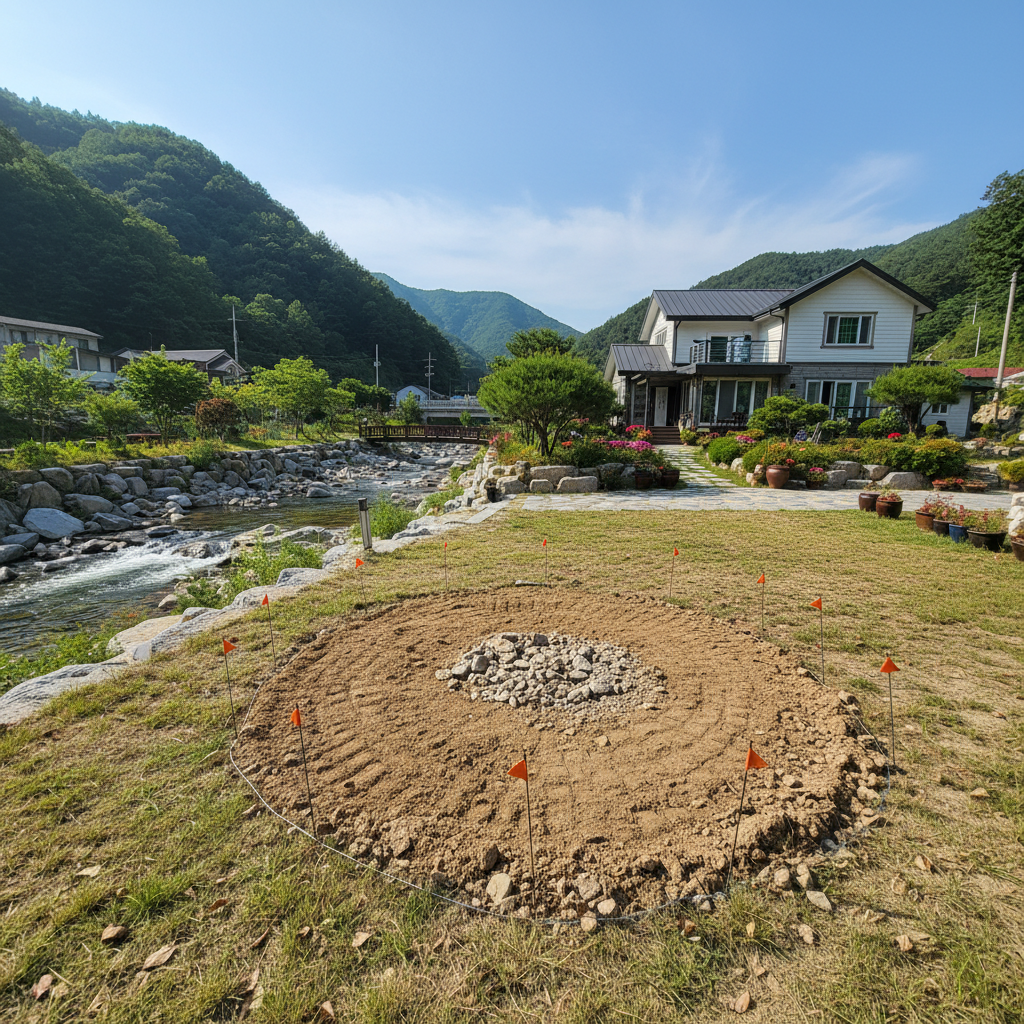 관정 굴착 작업 전, 지하수 개발 예정 현장의 모습입니다. 모든 준비를 마친 후 시공에 들어갑니다.