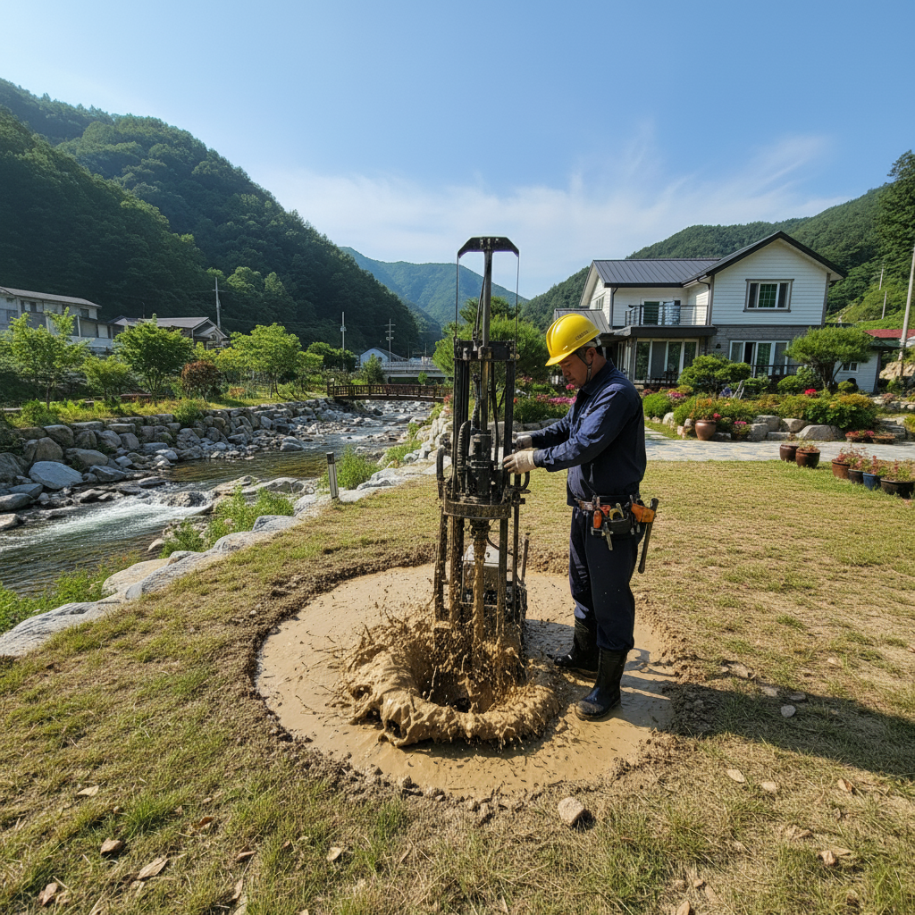 전문 굴착기를 사용하여 지하수 관정을 시공하는 모습입니다. 숙련된 기술자의 정밀한 작업이 필요합니다.