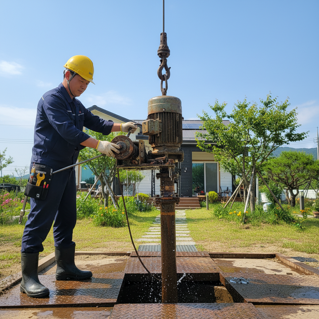 기존 펌프에서 고장 난 수중모터를 교체하고 있는 모습입니다. 전문 장비를 이용해 안전하게 작업합니다.