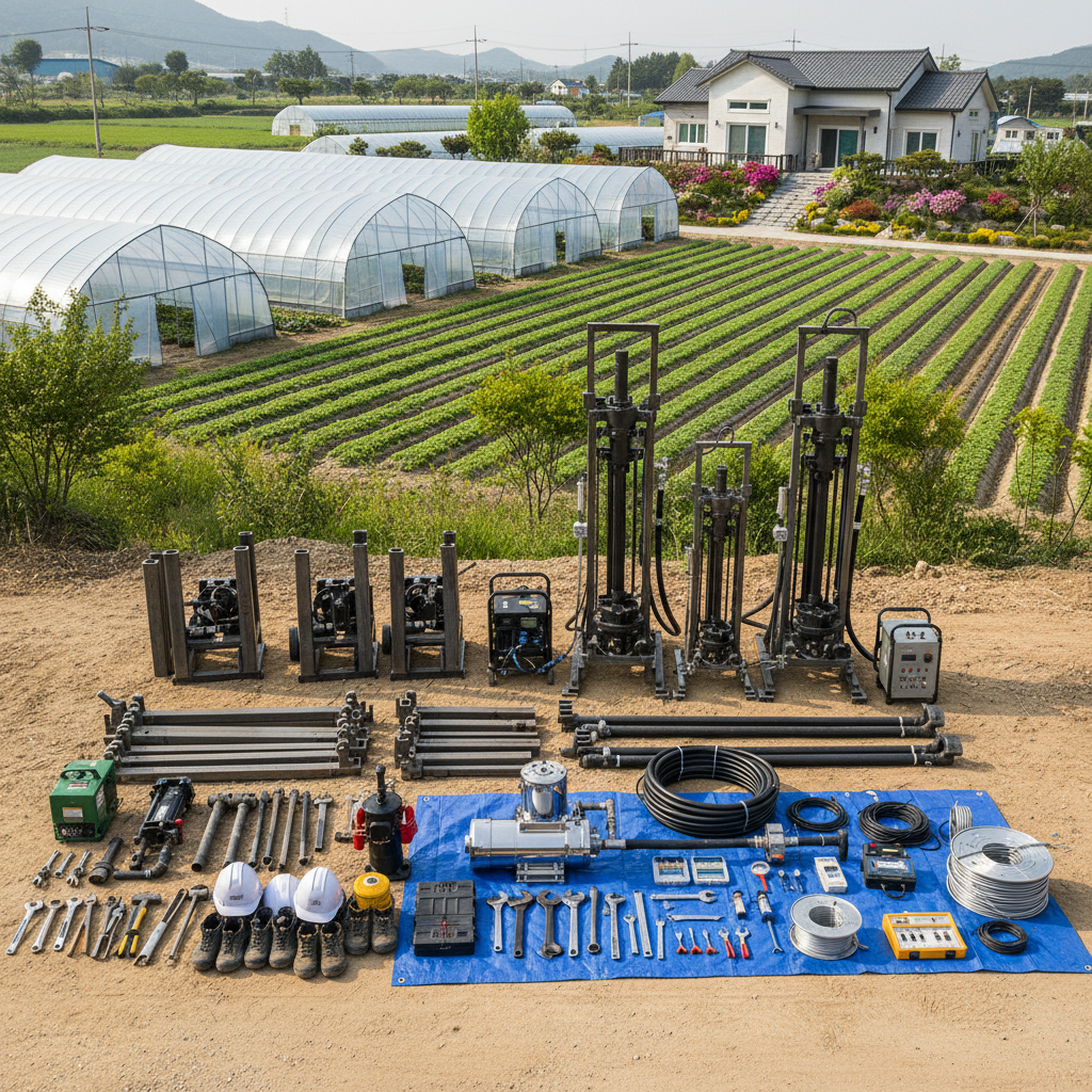 지하수 관정 굴착을 위한 장비 세팅이 완료된 모습입니다. 현장 여건에 맞춰 최적의 장비가 준비됩니다.