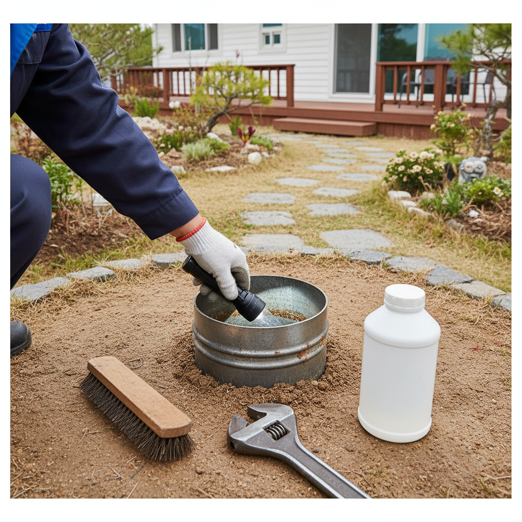 낡은 관정의 상태를 점검하며 새로운 물길을 탐색하는 중. 탐사봉이 땅에 박혀 있다.