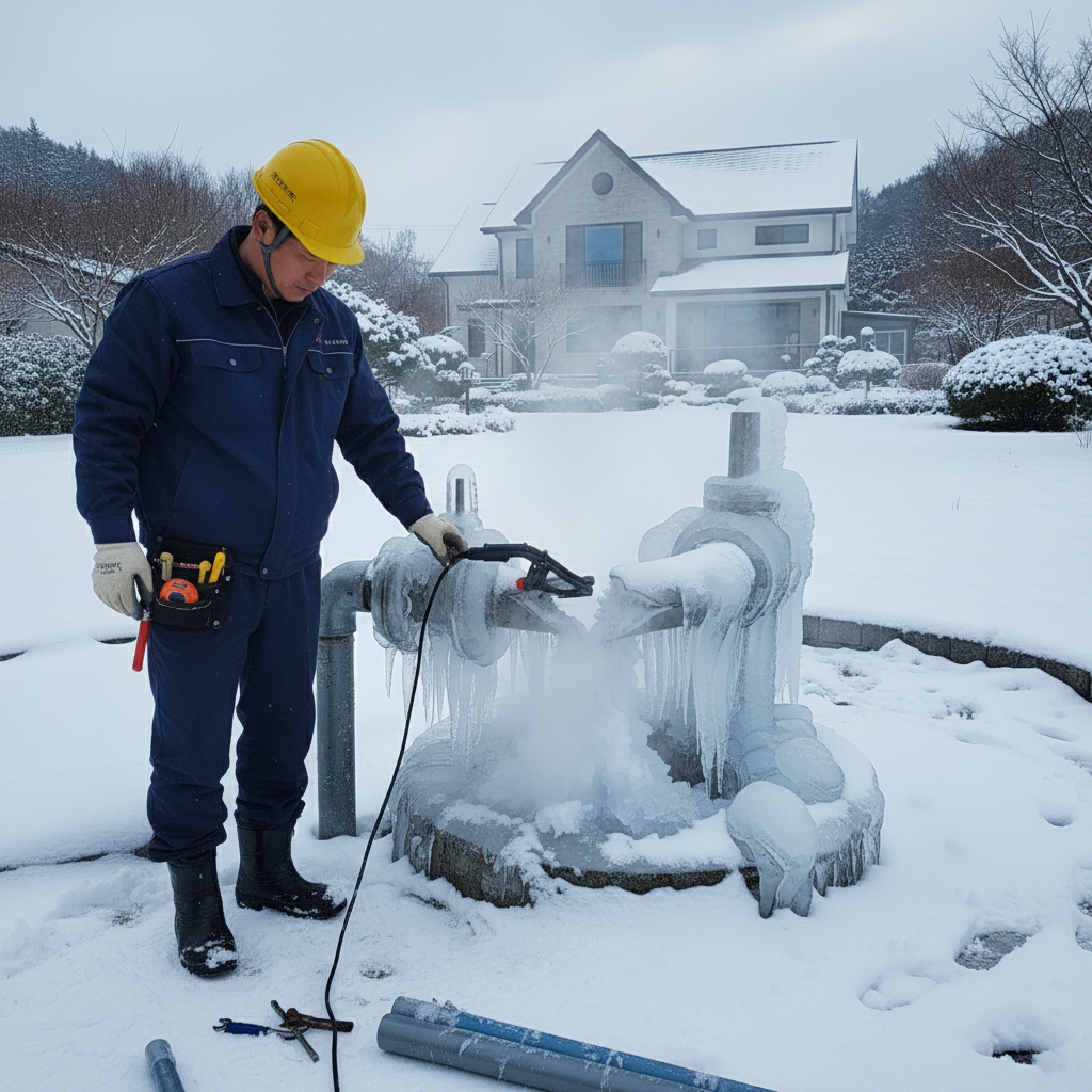 해빙기를 이용해 얼어붙은 관정을 녹이는 작업에 집중하는 기술자의 모습.
