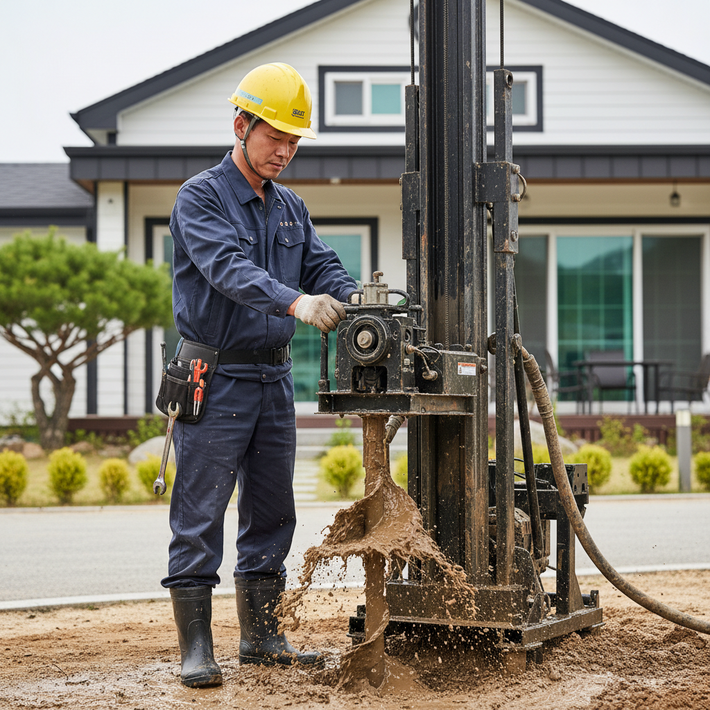 굴착기로 새로운 지하수 관정을 시추하는 긴박한 현장. 흙먼지가 피어오른다.