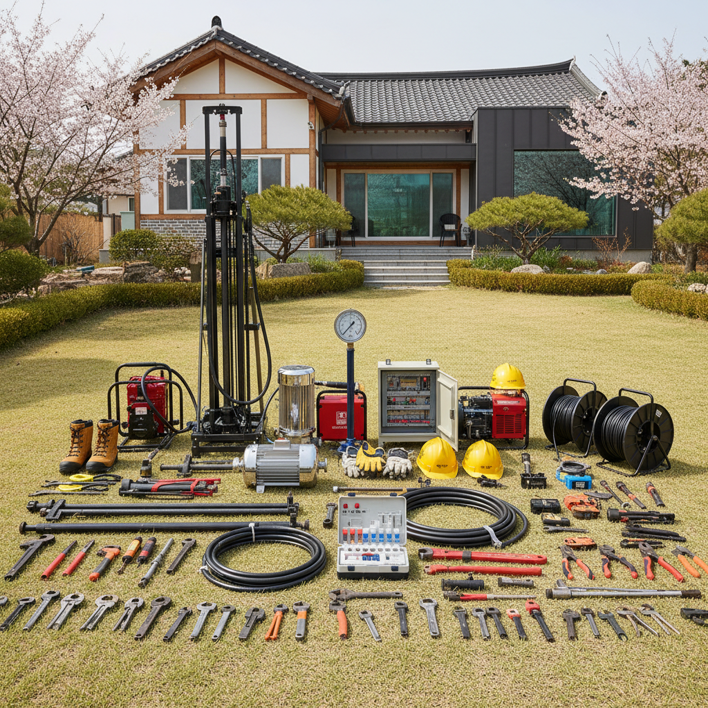 춘천 축사 현장, 지하수 시추 장비를 세팅하는 모습. 옆에는 해빙기가 놓여 있다.