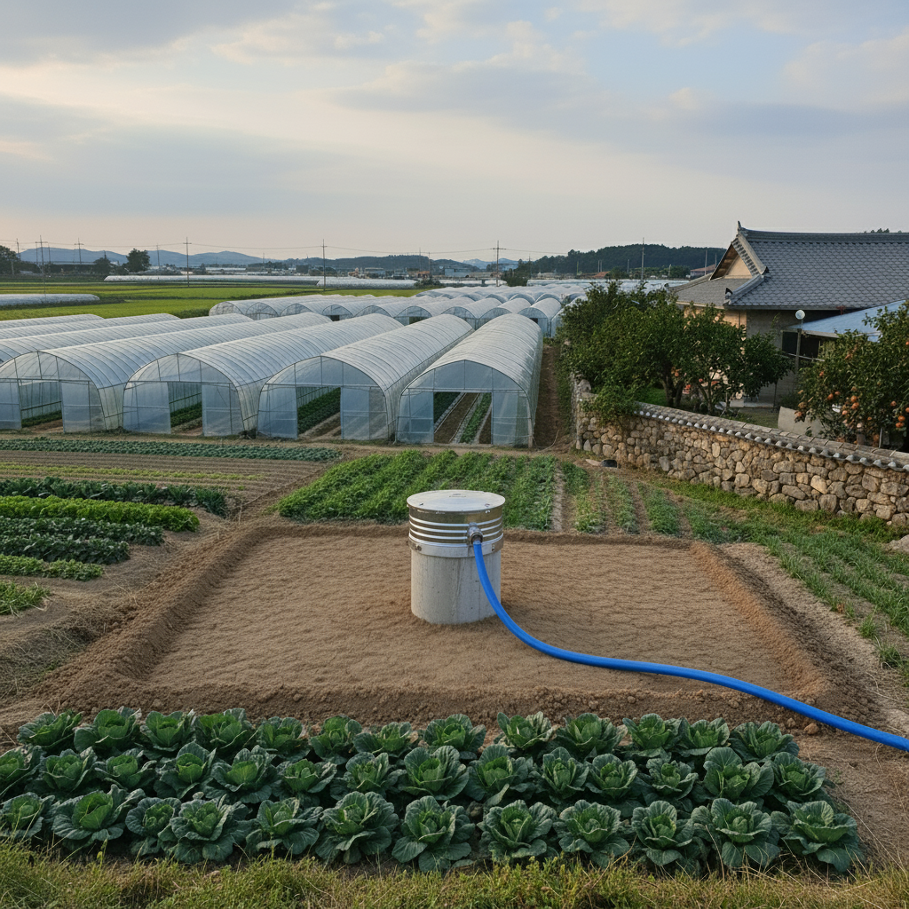 지하수 관정 굴착 작업 완료 후, 물이 솟아나는 모습