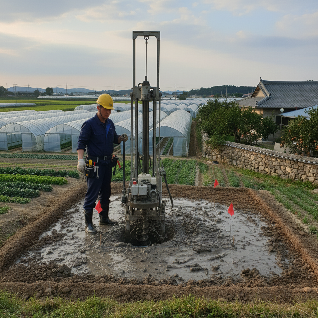 굴착기로 암반을 뚫고 지하수 관정을 시공하는 모습