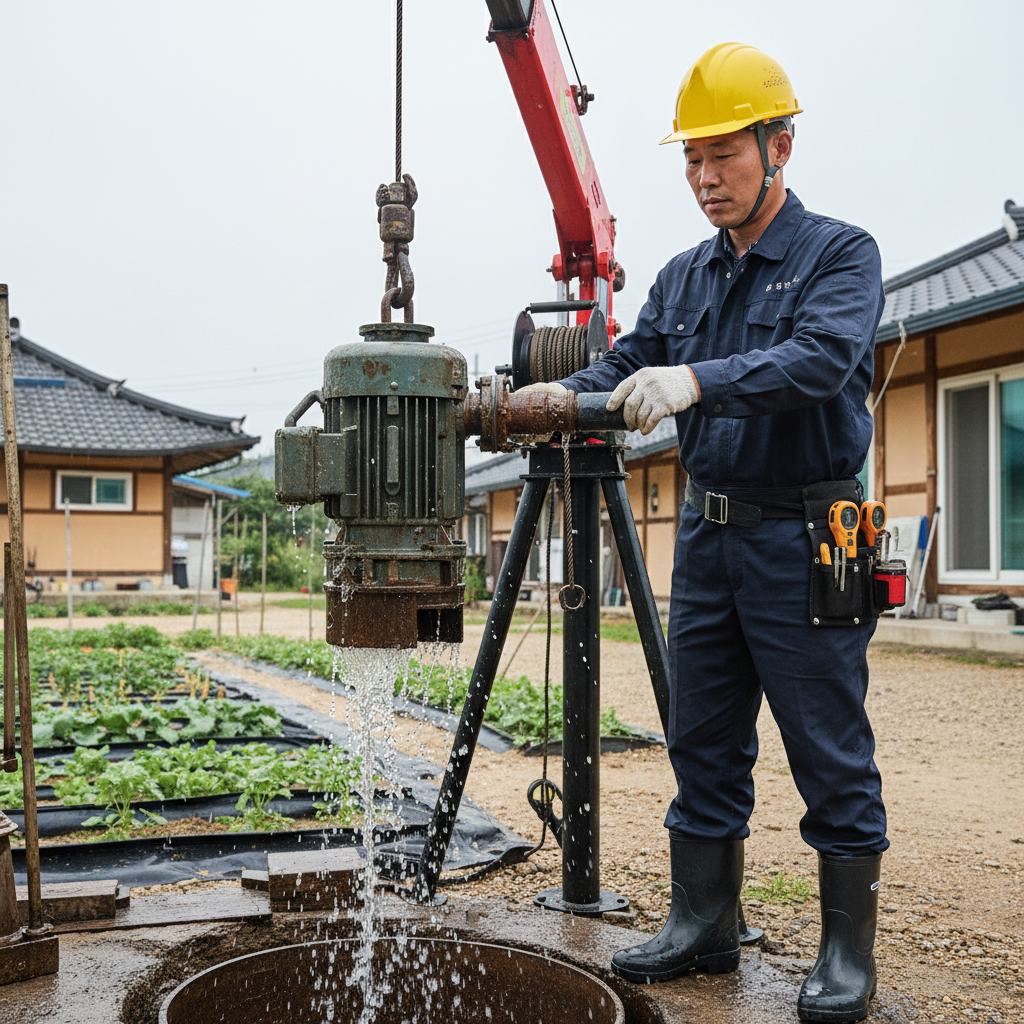 수중모터 설치 및 펌프 수리 작업을 진행하는 모습