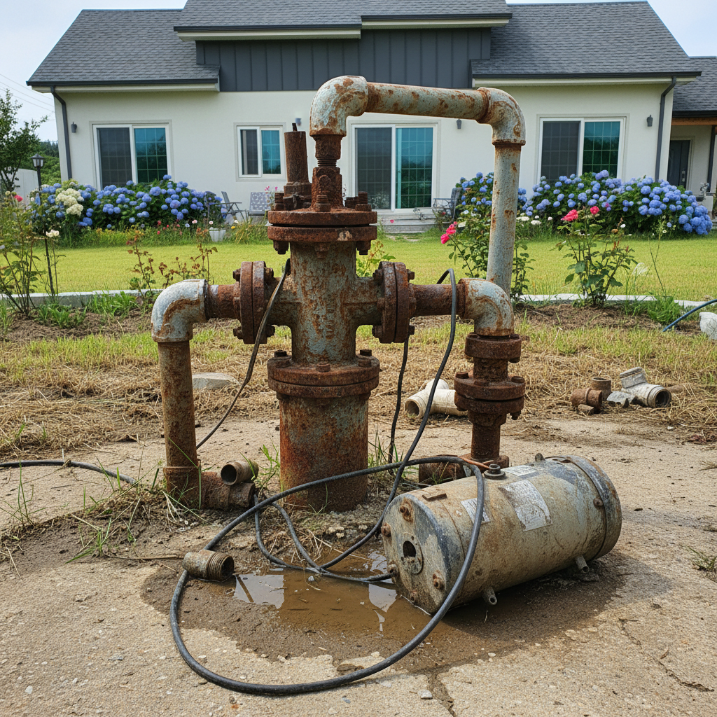오래된 펌프와 관정 주변 모습