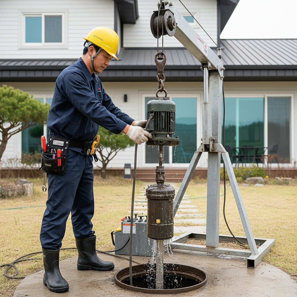 물이 나오지 않아 수중모터를 인양하여 수리하는 모습
