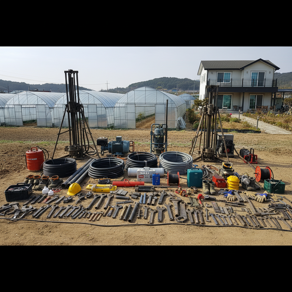지하수 개발을 위한 천공 장비가 세팅된 모습