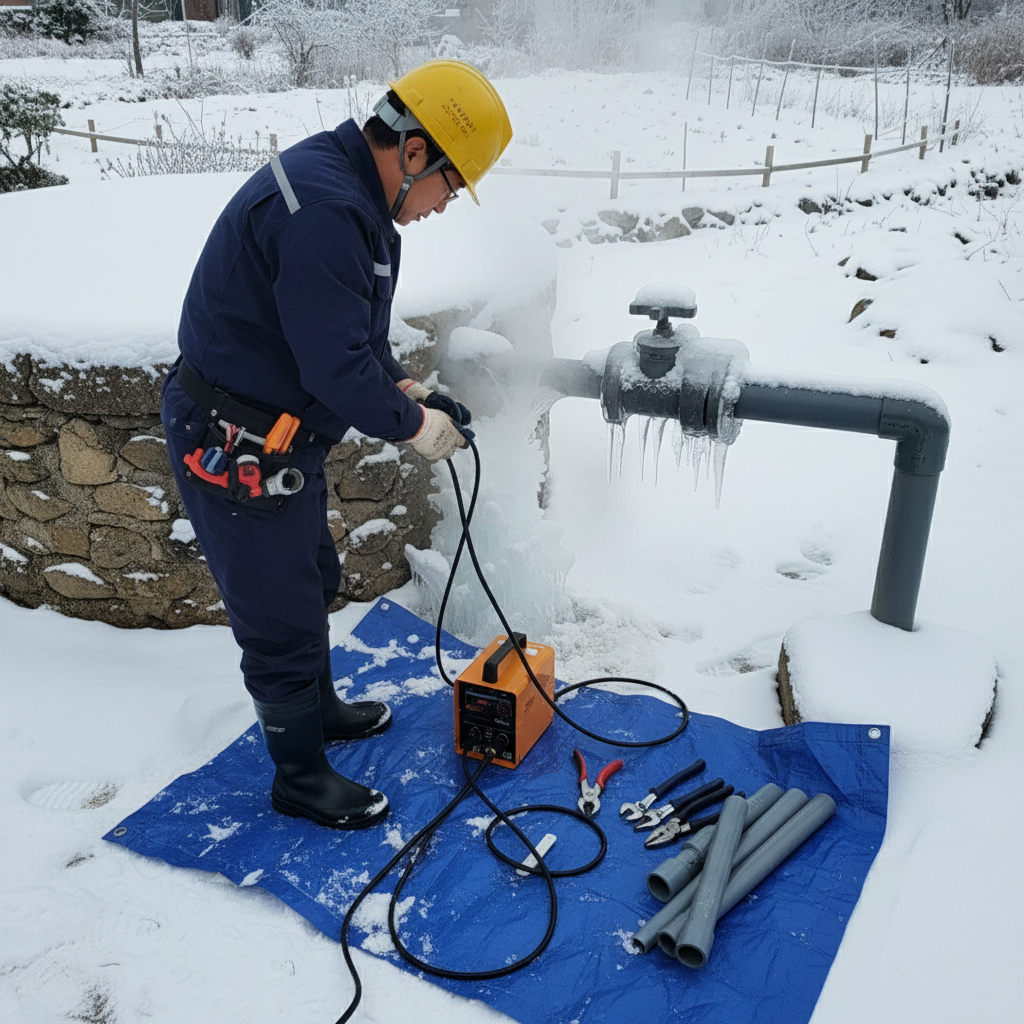 해빙기로 얼어붙은 지하수 관정을 녹이는 작업중인 모습