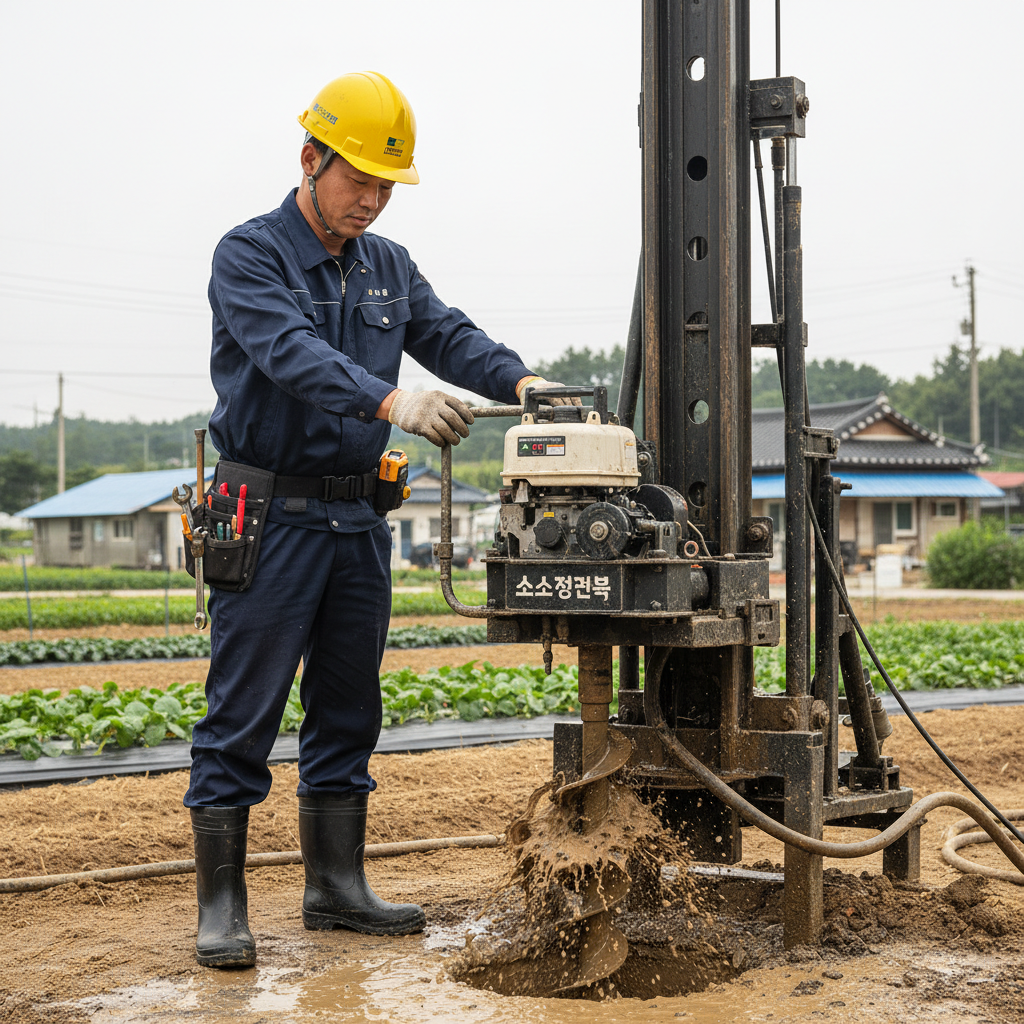 굴착기로 지하수 관정을 시공하기 위해 땅을 깊이 파는 모습
