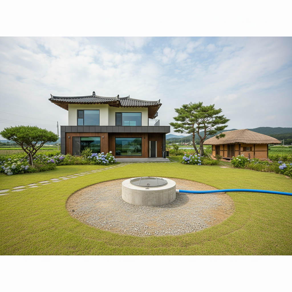 관정에서 솟아오른 물이 땅을 적시는 시추 작업 완료 후 모습