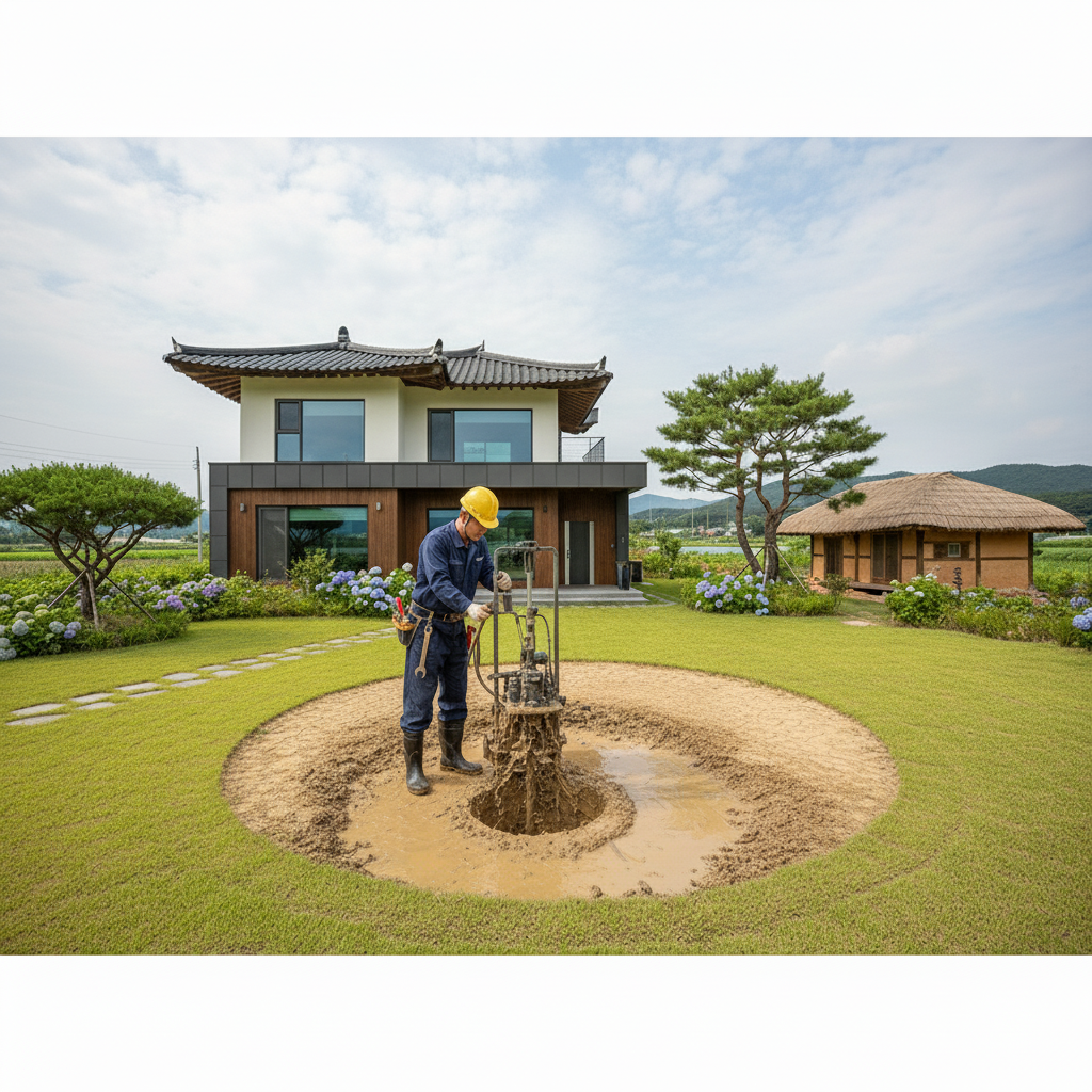 굴착기가 강력한 드릴 비트로 암반을 뚫는 시추 작업 장면