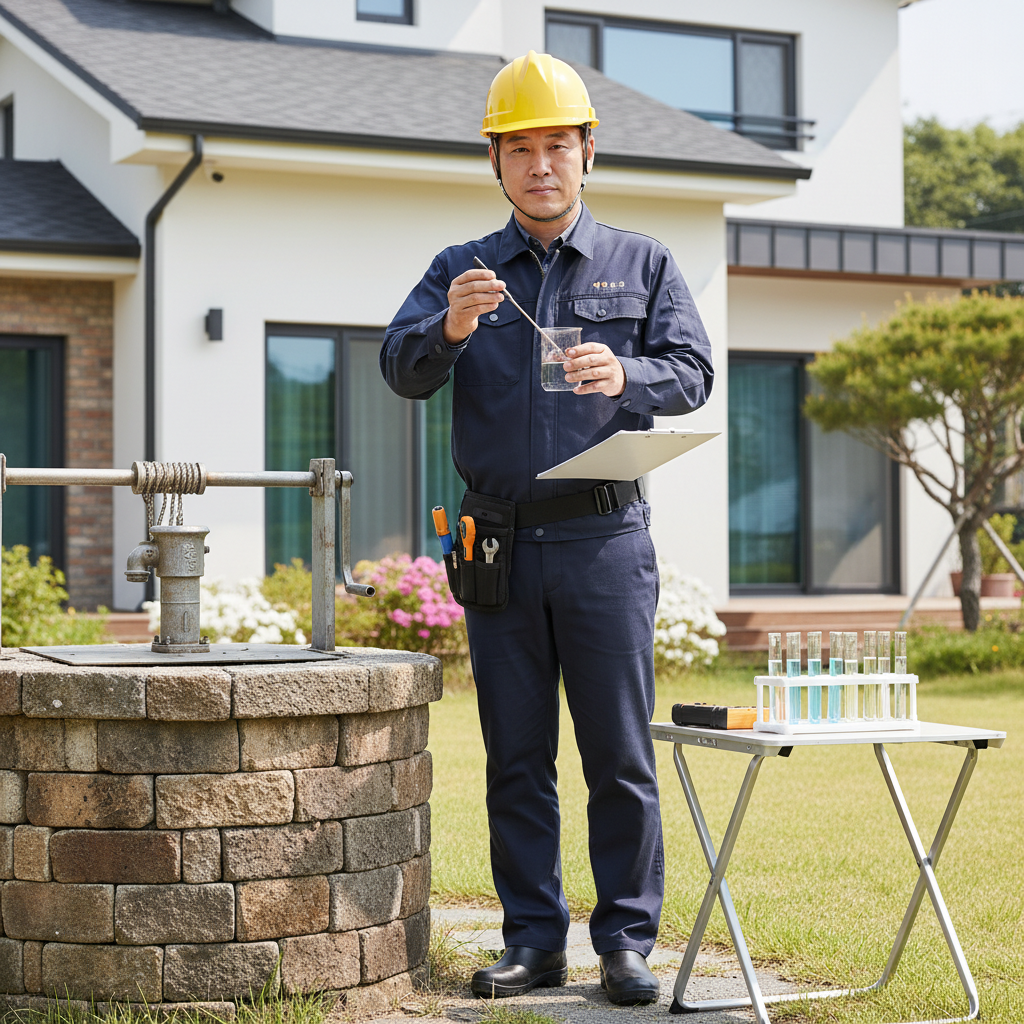 수질검사 키트를 이용해 채취한 지하수 샘플을 검사하는 모습