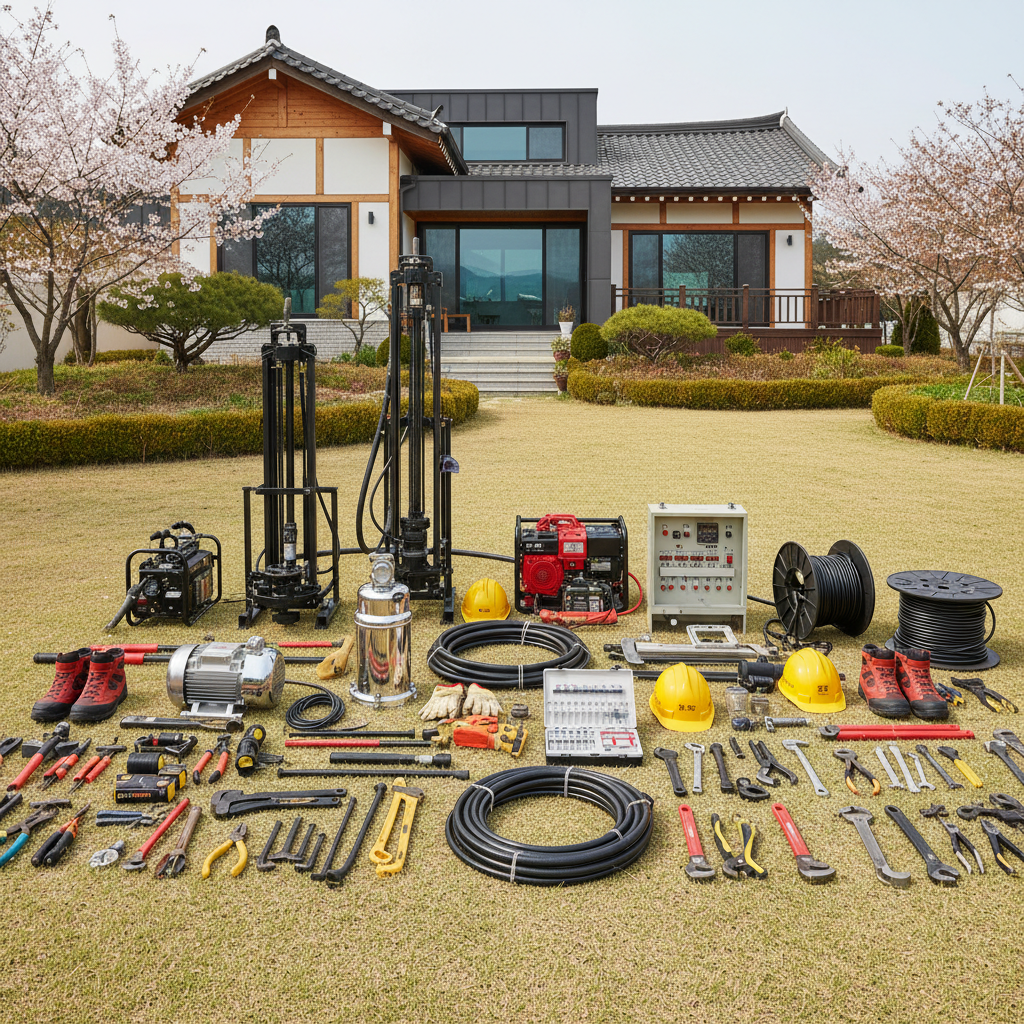 관정 시공 전, 굴착기와 파이프 등 장비가 세팅된 모습