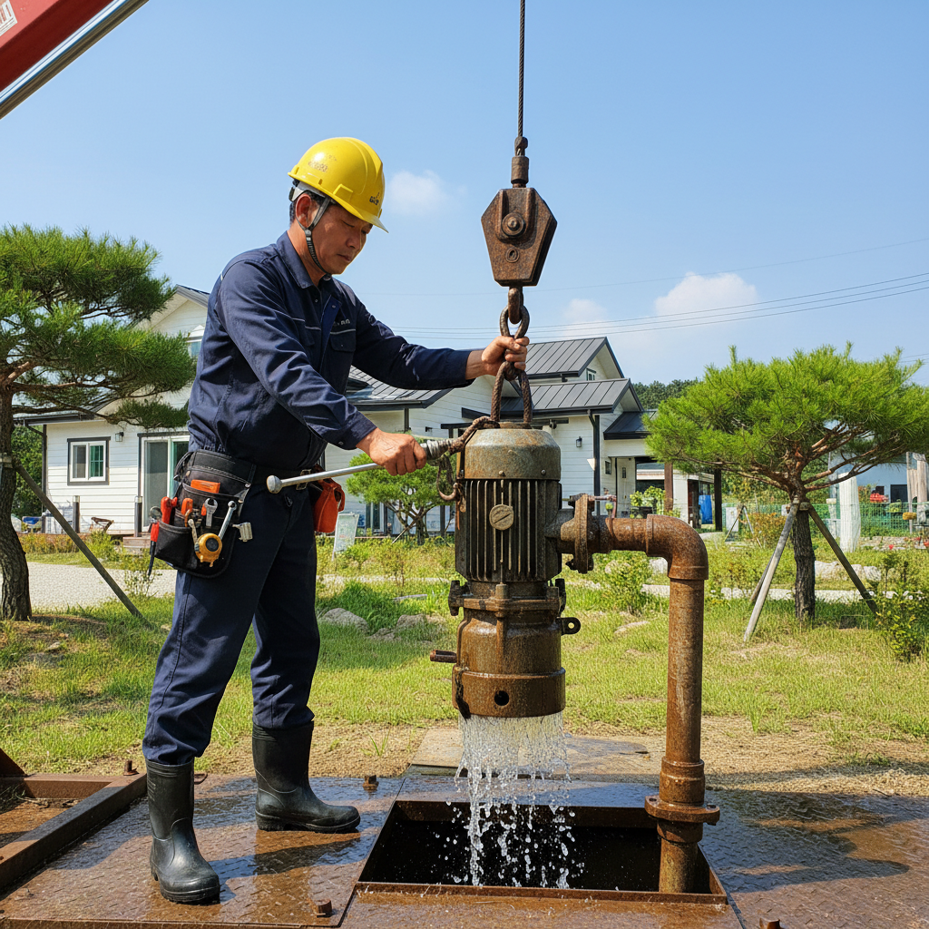 펌프 소음 해결을 위해 수중모터를 점검 및 수리하는 모습