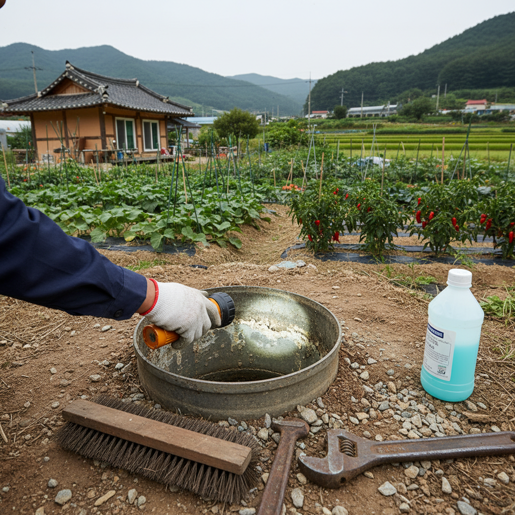 기존 관정의 수량과 수질을 점검하는 기술자의 모습