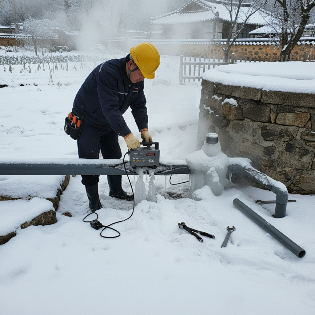 동파로 막힌 지하수 관정 속에 해빙기 노즐을 삽입하여 해빙 작업 중인 모습