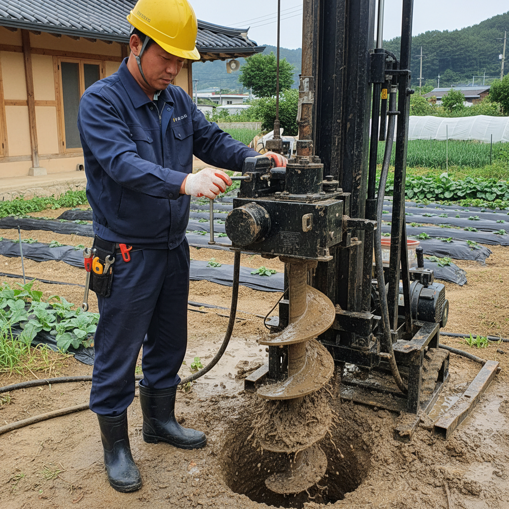 굴착기로 새로운 지하수 관정을 시추하고 있는 현장 모습