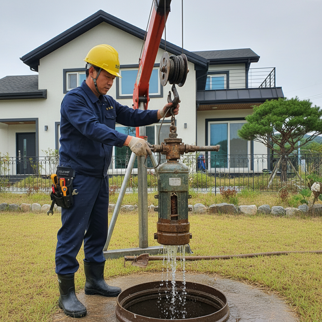 고장으로 인해 인양된 지하수 펌프의 수중모터를 수리하는 모습