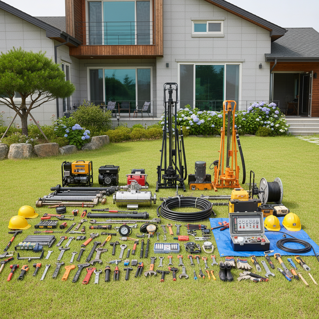 지하수 개발 현장에서 굴착 장비 및 자재를 세팅하는 모습