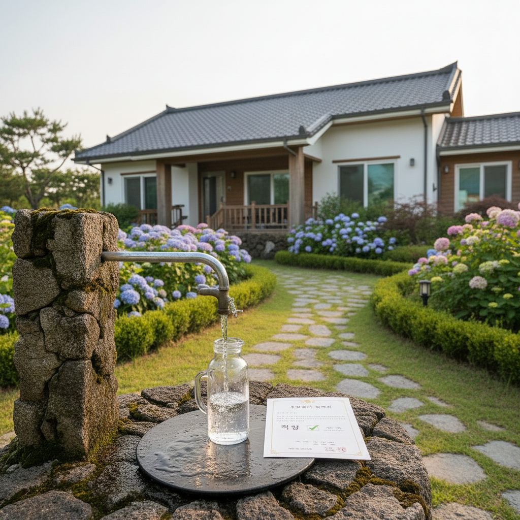 수질검사 작업 완료 후, 맑게 솟아나는 지하수를 확인하는 모습