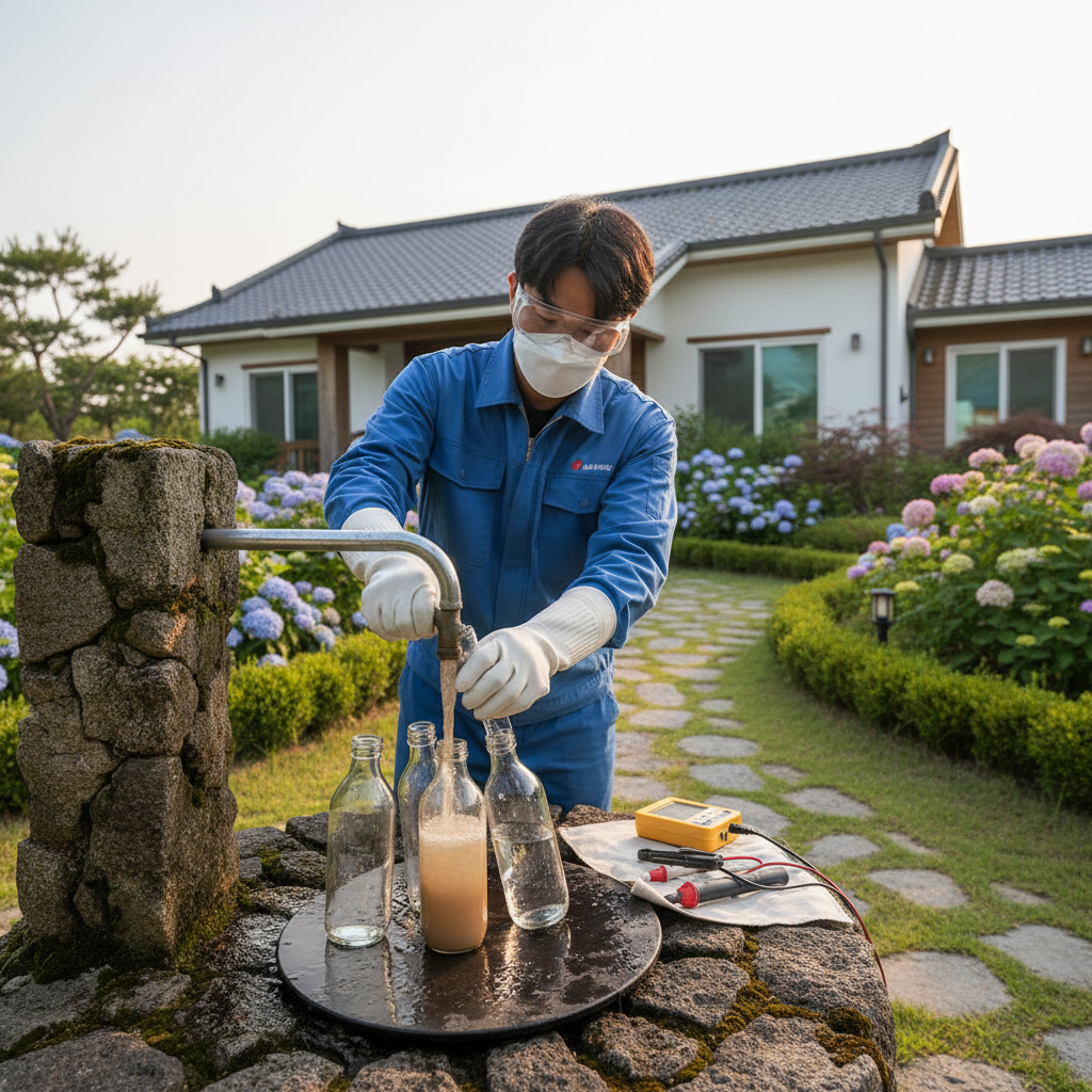 수질검사 작업을 시작하기 전, 채수 준비가 된 관정의 모습