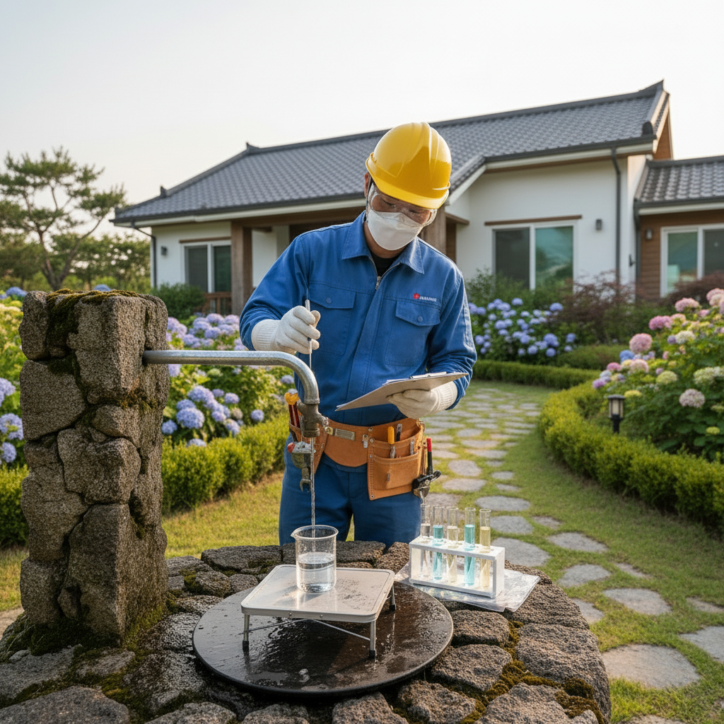 수질검사 키트로 채수된 물의 수질을 확인하는 작업 모습