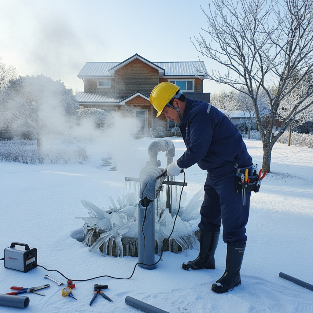 전문 해빙기를 사용하여 동파된 지하수 배관을 안전하게 녹이는 작업 중 모습