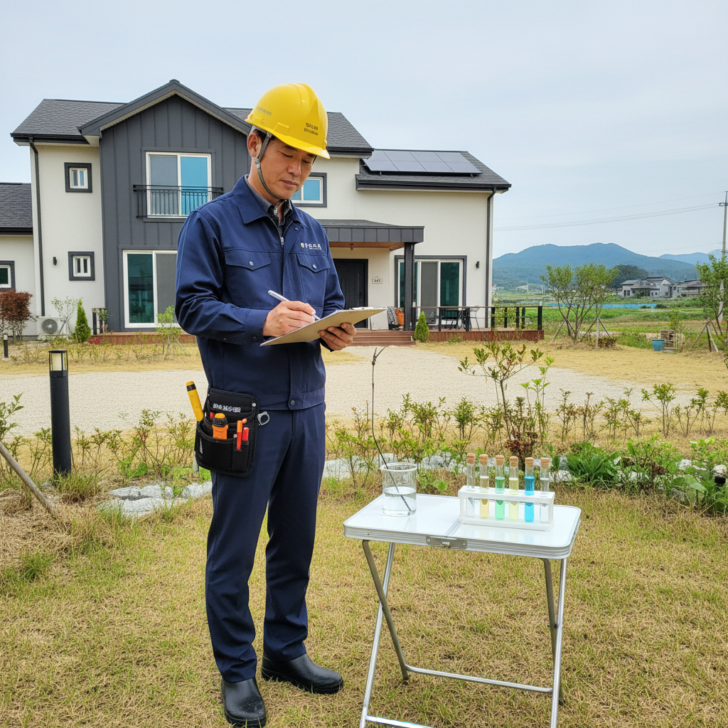 휴대용 수질검사 키트로 지하수 샘플을 채취하여 기본적인 수질 항목을 확인하는 작업 중 모습