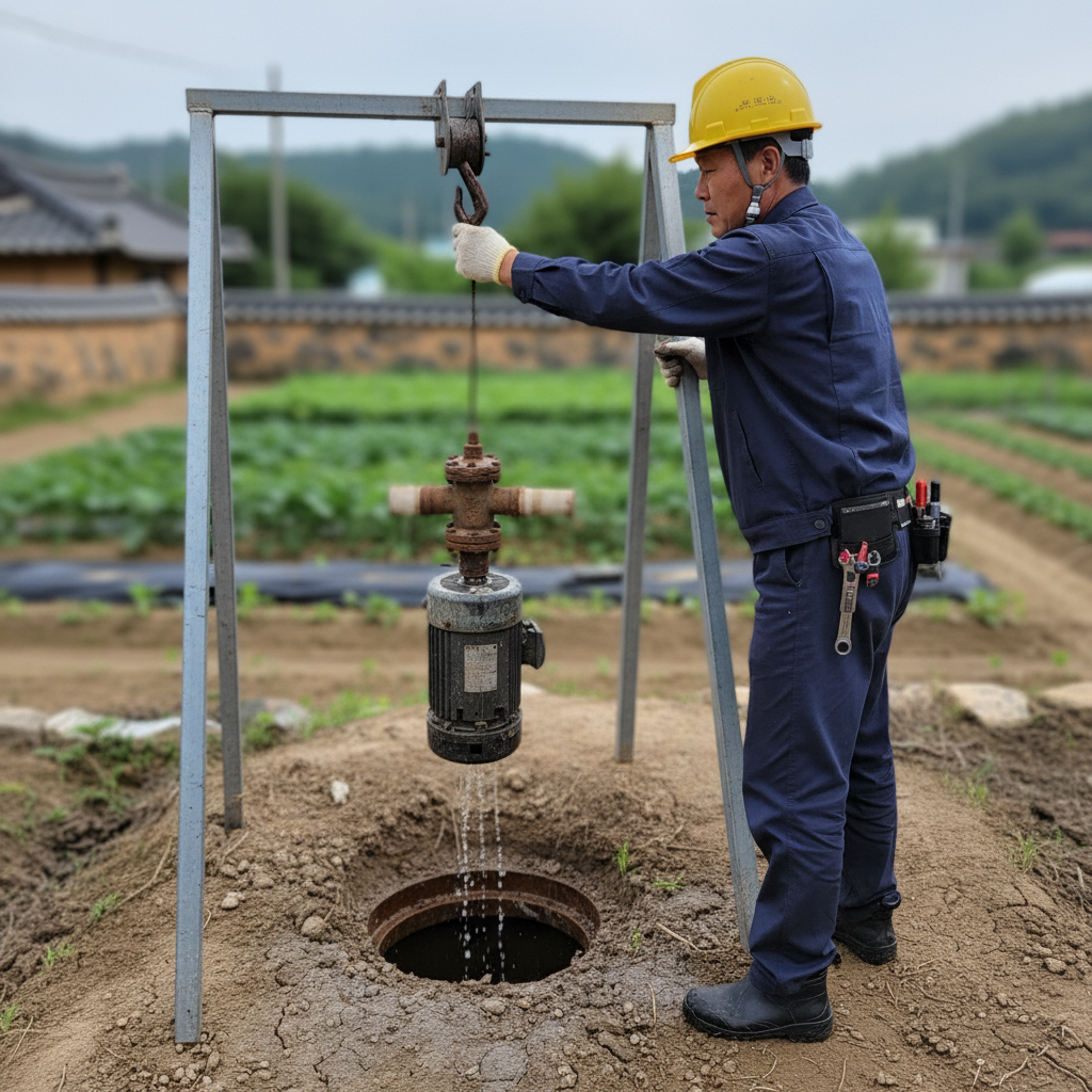 수중모터를 이용한 지하수 펌프 인양 및 교체 작업 진행 중