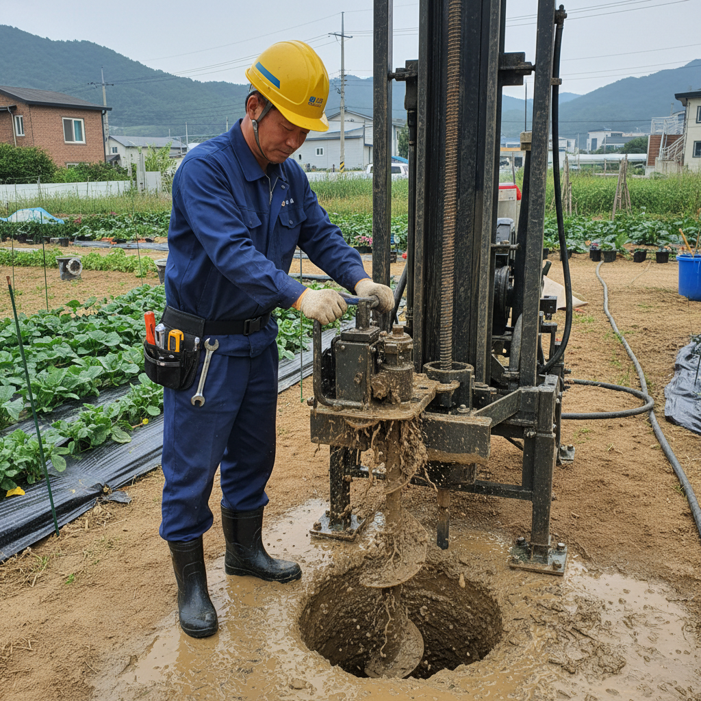 굴착기를 이용하여 새로운 지하수 관정을 시공하는 모습