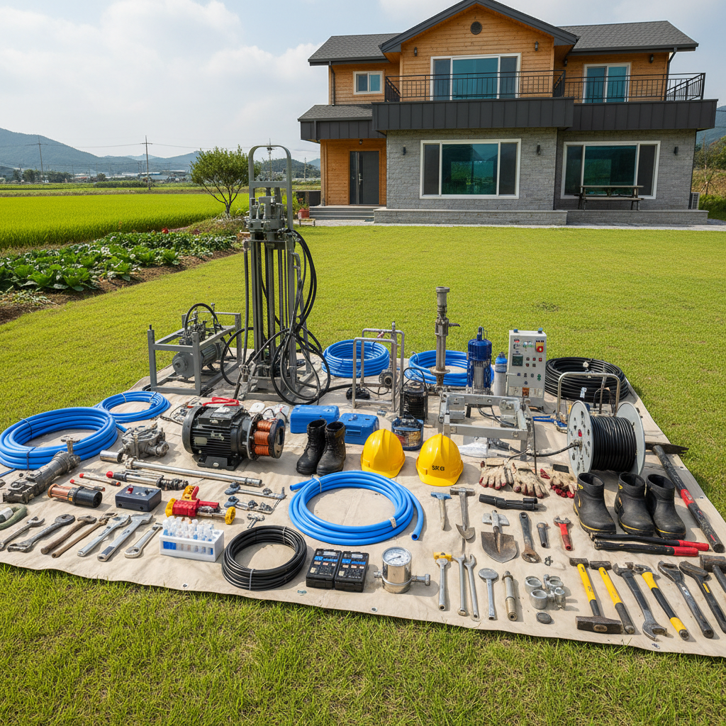 지하수 펌프 교체 및 관정 점검을 위한 장비 세팅 모습