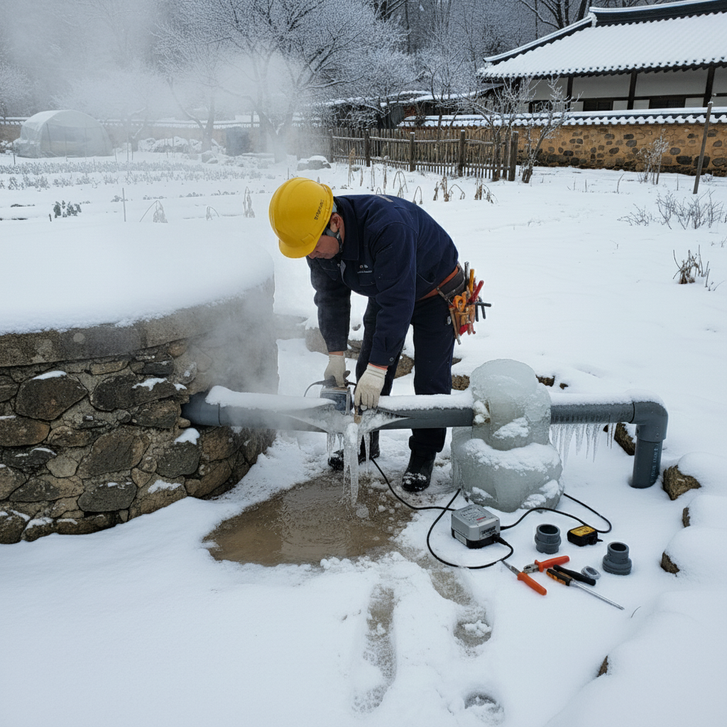 해빙기를 이용해 꽁꽁 얼어붙은 지하수 배관을 녹이는 중