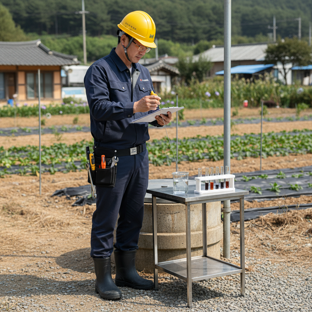 수질검사 키트를 이용해 새로 개발된 지하수의 수질을 현장에서 확인 중