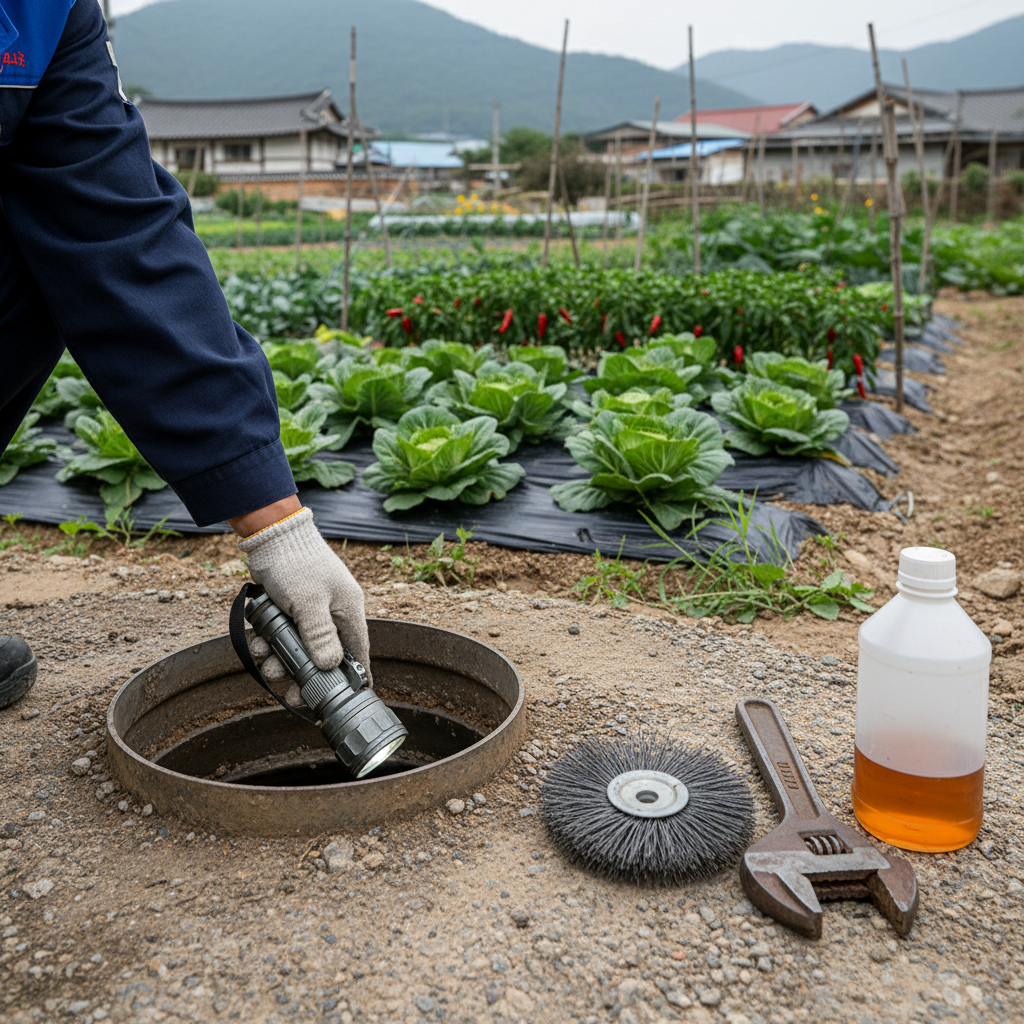 완공된 관정의 펌프 및 배관을 점검하고 유지보수하는 모습