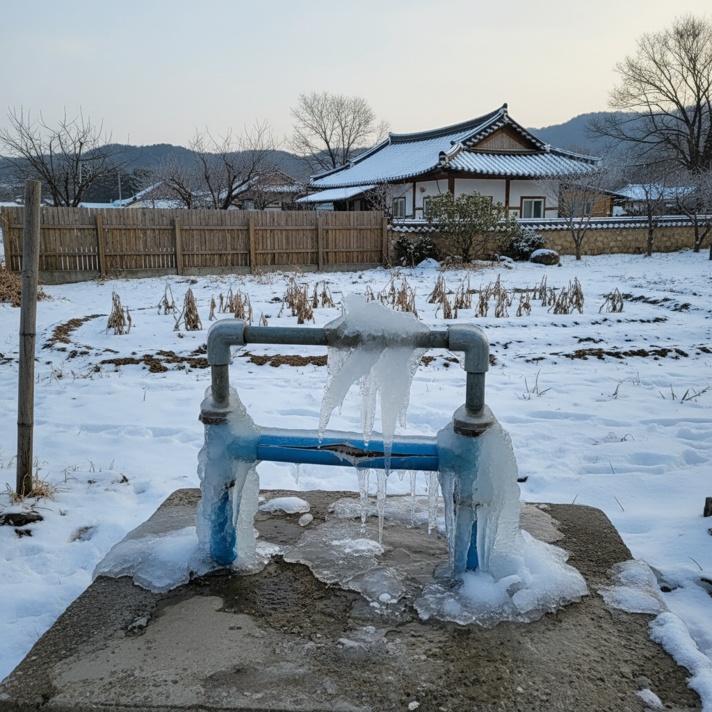 겨울철 동파로 인해 물 공급이 중단된 식당 배관 작업 전 현장 모습