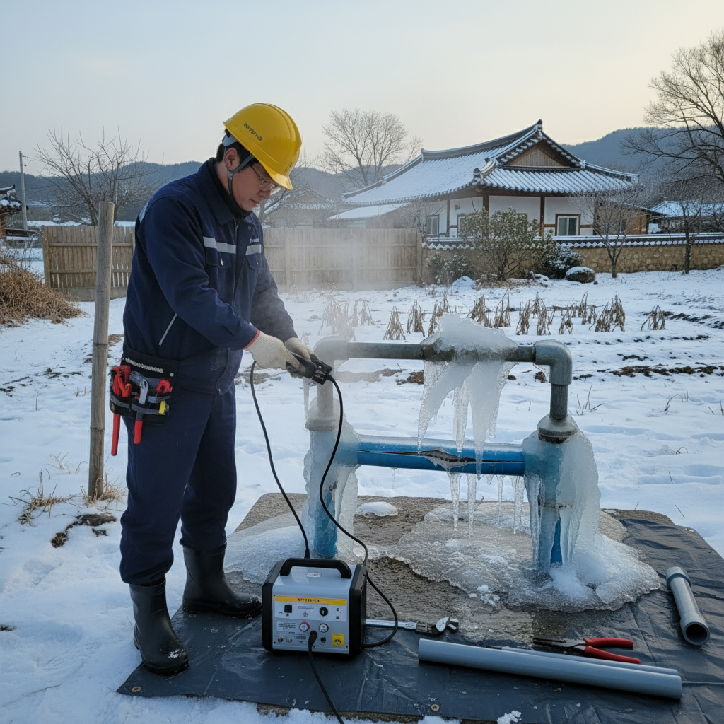 해빙기를 사용하여 얼어붙은 지하수 배관을 녹이는 작업 중인 모습