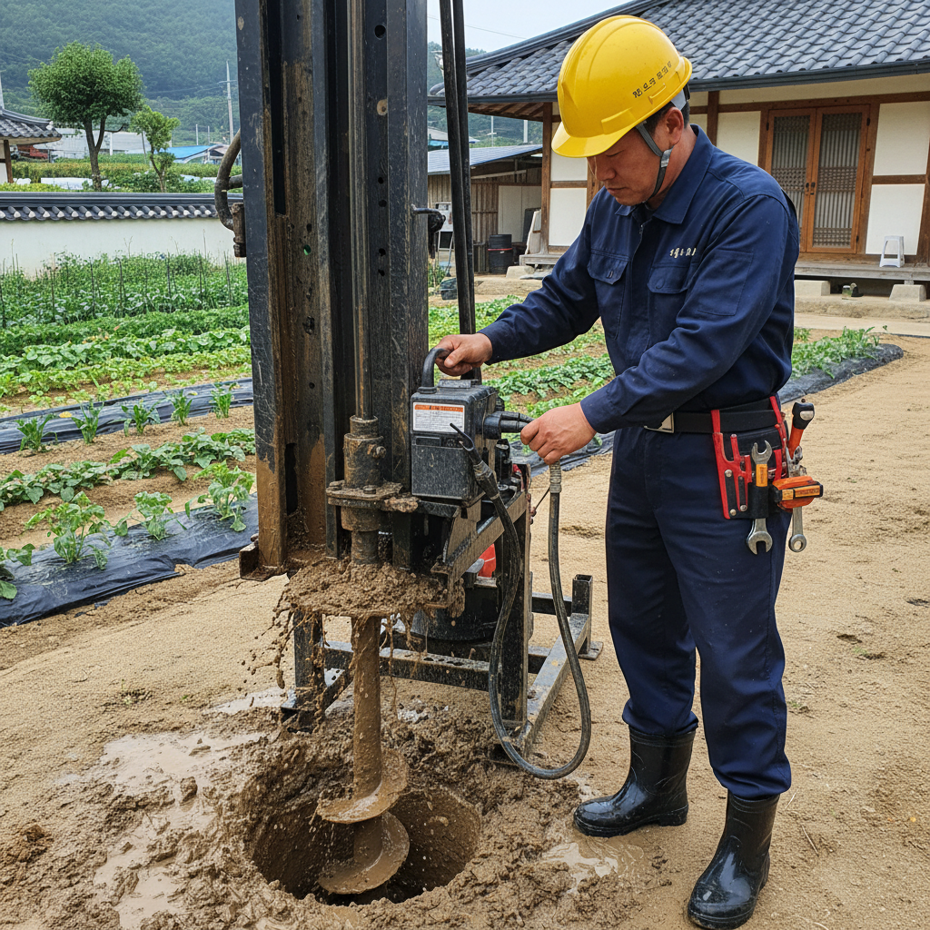 대형 굴착기를 사용하여 농업용 관정 굴착 작업을 진행하는 모습