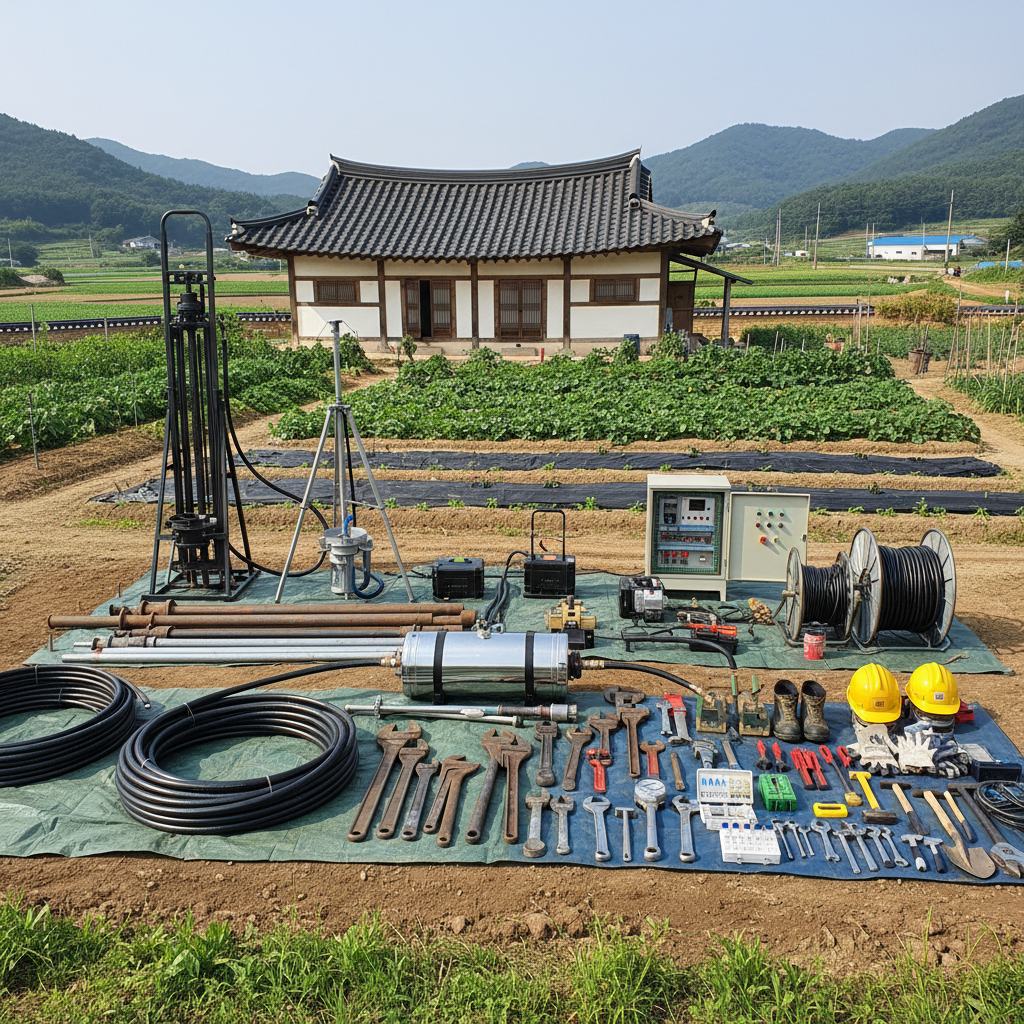 농업용 관정 개발을 위한 굴착 장비 및 자재 세팅 모습