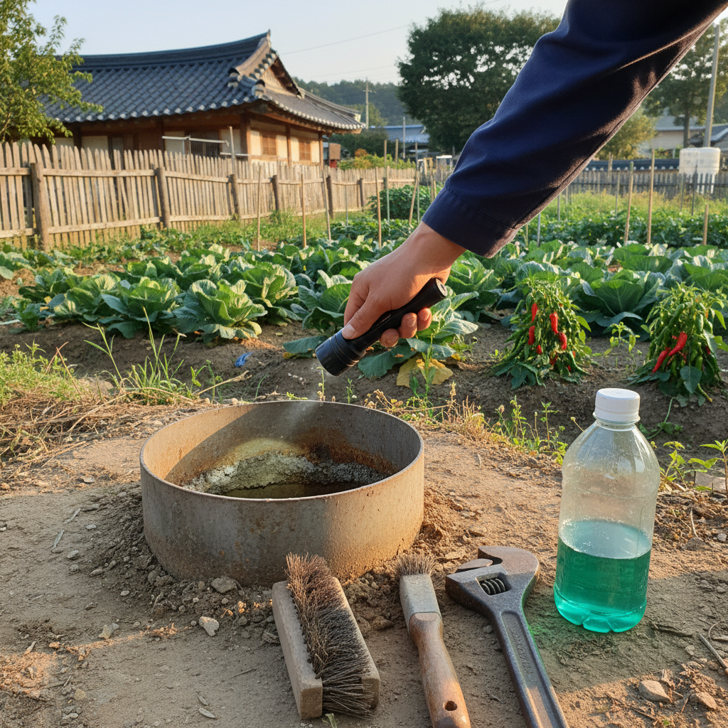 지하수 관정 주변 시설물 점검 및 유지보수 작업 모습