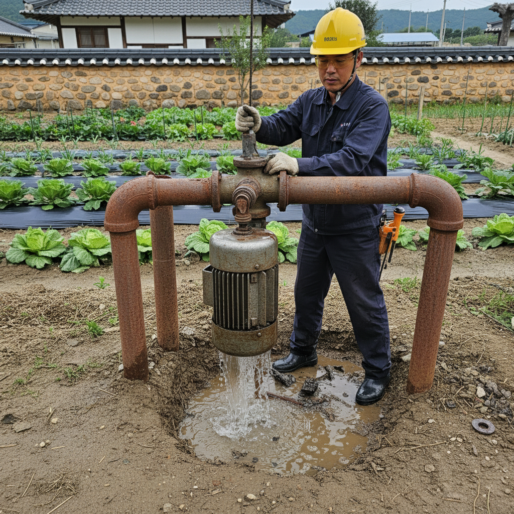 수중모터 교체 및 관정 세척 작업이 진행되는 모습