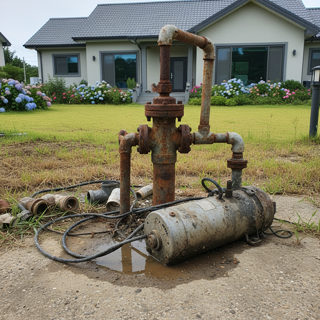 오랜 사용으로 노후화된 펌프와 관정 주변 모습