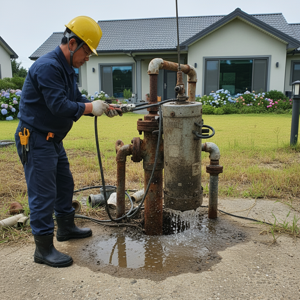 숙련된 기술자가 수중모터 펌프를 인양하고 점검하는 모습