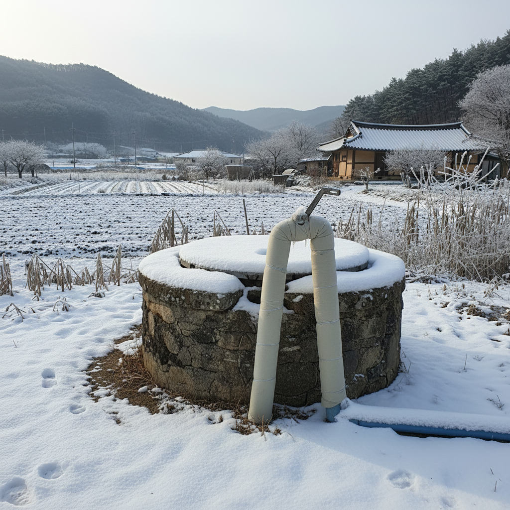 동파 수리 후, 임시 펌프로 수량 및 수압을 점검하는 모습