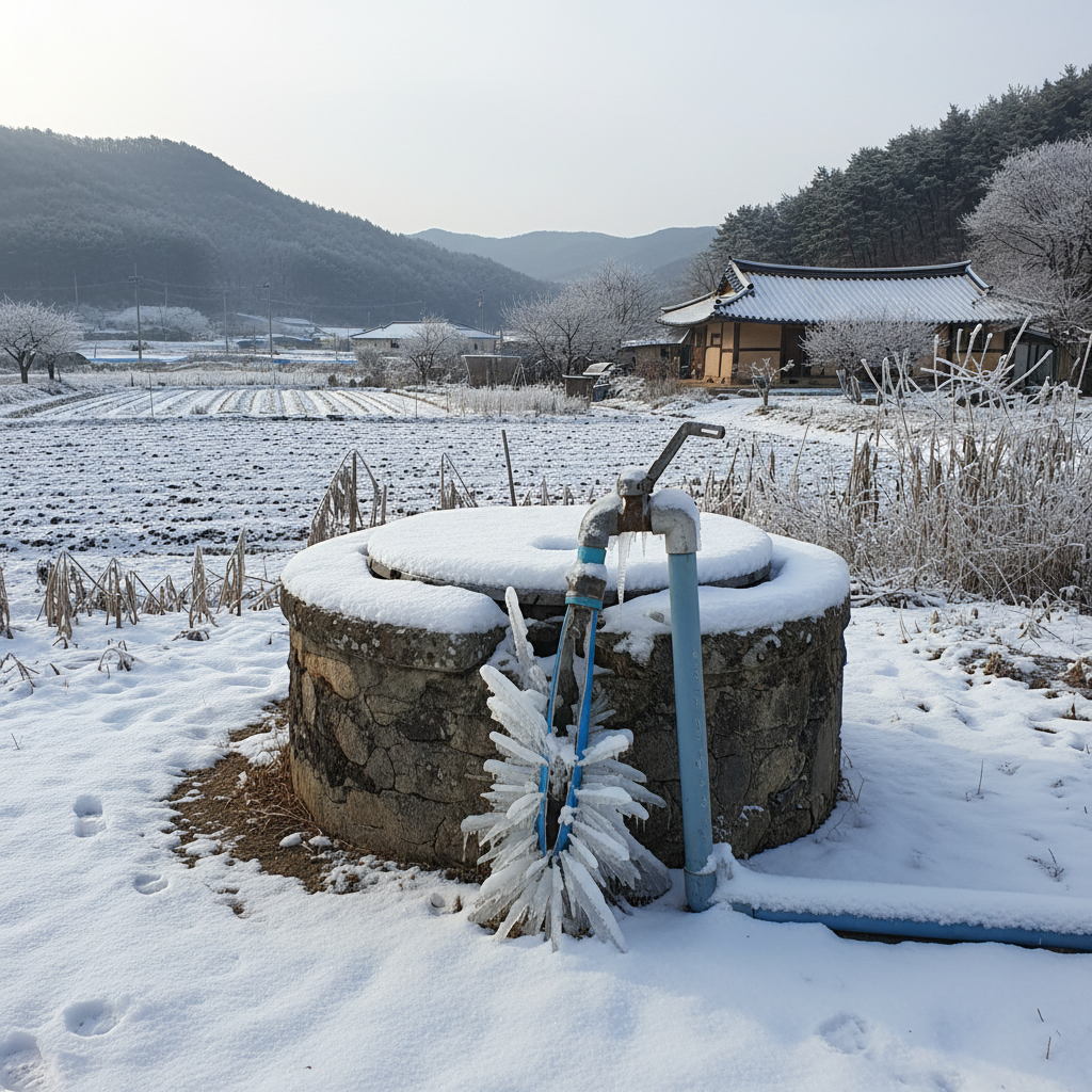 겨울 동파로 얼어붙어 사용 불가 상태인 기존 관정 현장
