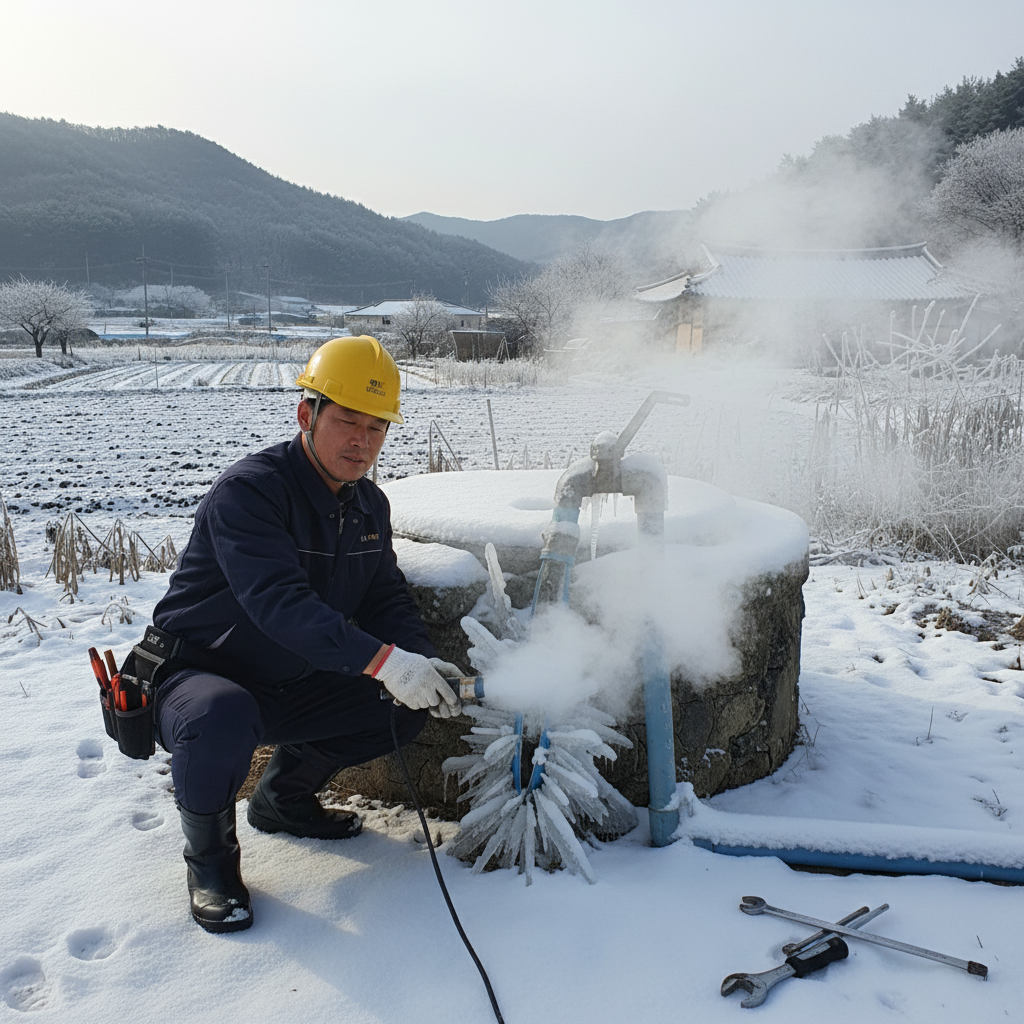 고성능 해빙기로 얼어붙은 관정 내부를 녹이는 작업