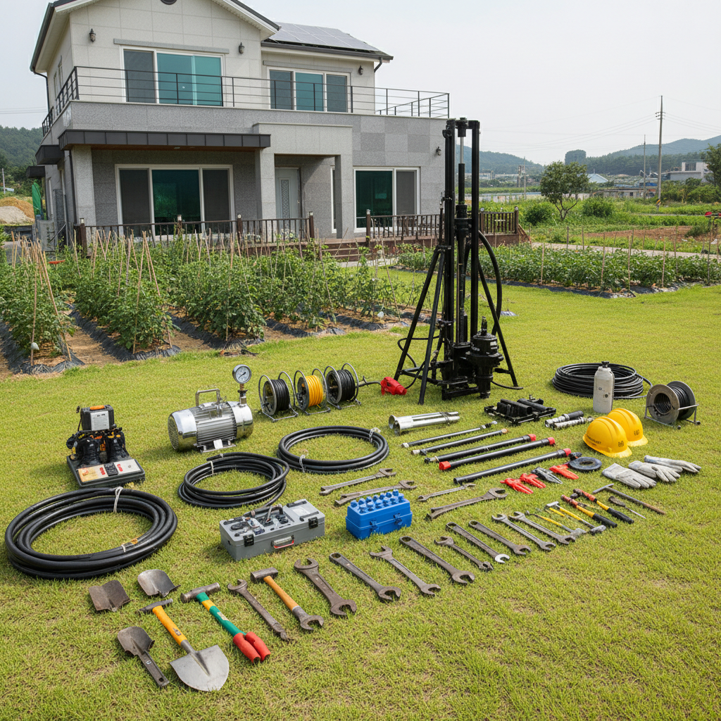새로운 지하수 관정 시추를 위한 장비 세팅 완료 모습